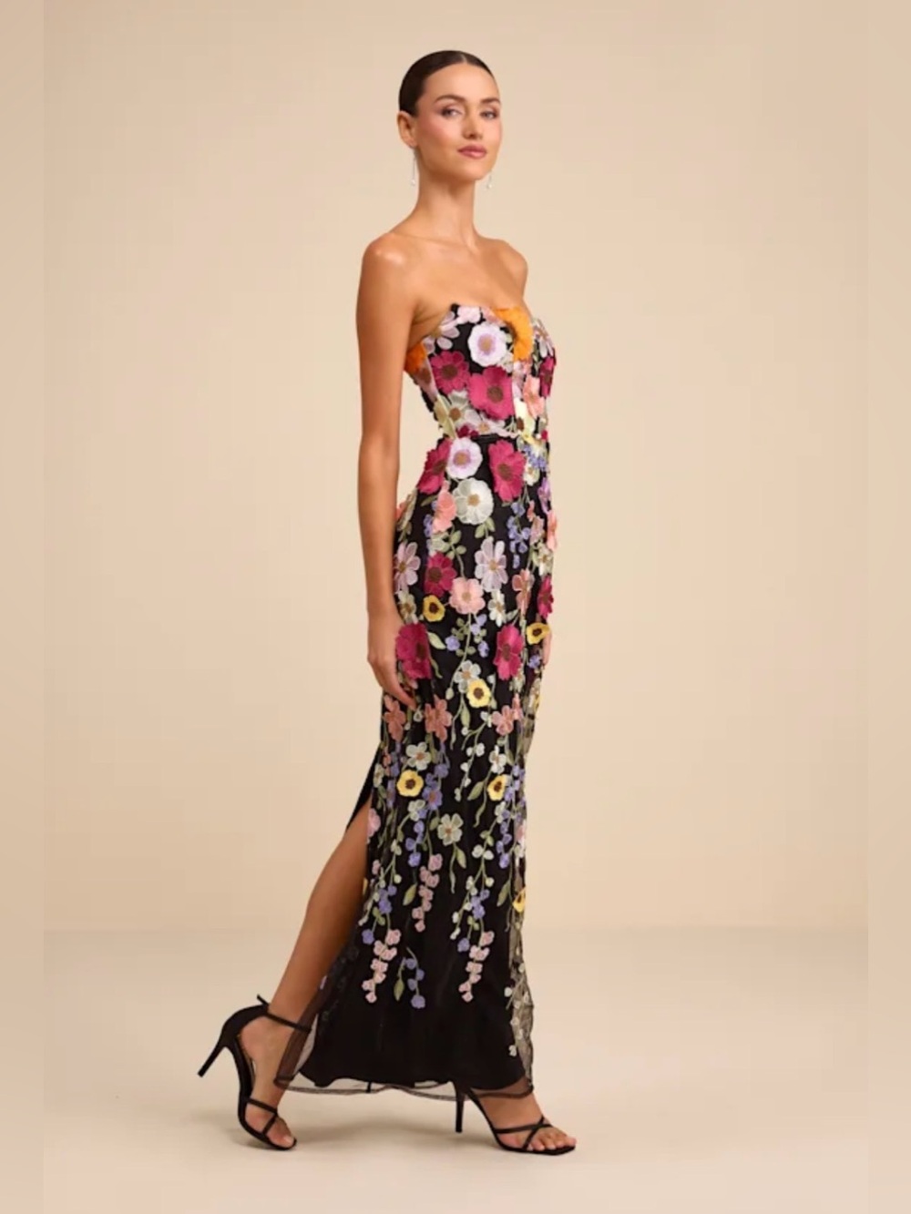 ❤️LULUS❤️Macario Black Multi 3d Floral Embroidered Strapless Maxi Dress - Size L - Picture 4 of 5